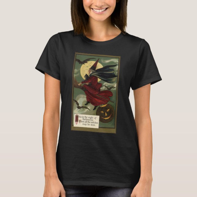 Camiseta Vintage Halloween Bruxa Andando Broomstick com Cat (Frente)