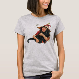 Camiseta Vintage Halloween, Bruxa Menina com Gato Negro