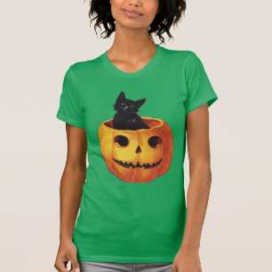 Camiseta Vintage Halloween, Gato Negro Bonito numa Abóbora