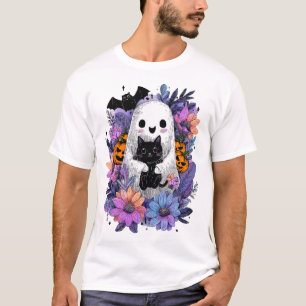 Camiseta Vintage Halloween Ghost Segurando Groovy Gato Negr