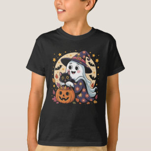Camiseta Vintage Halloween Ghost Segurando Groovy Gato Negr