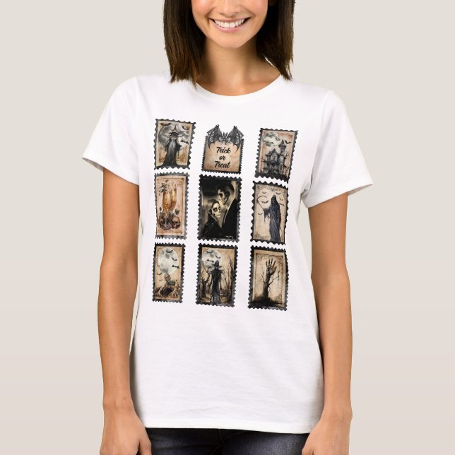 Camiseta Vintage Halloween Postage Stamps, Adicione Sua Fot (Frente)
