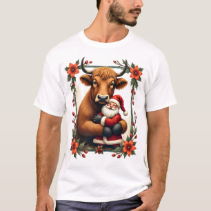 Camiseta Vintage Highland Cow Santa Abraço Natal Rústico Fa