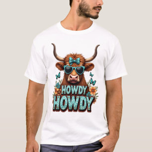 Camiseta Vintage Howdy Vaca das Terras Altas com Óculos de