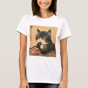 Camiseta Vintage Japan art gatinho com uma xícara de café