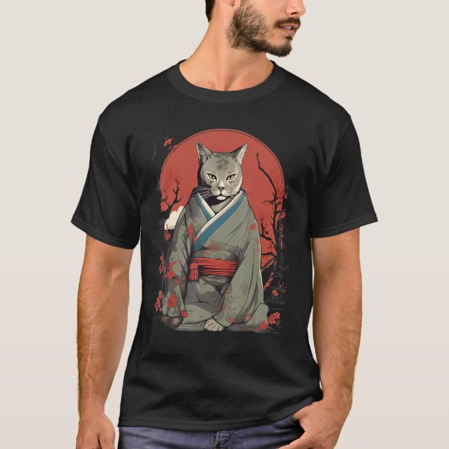 Camiseta Vintage Japan Art Samurai Chartreux Cat (Frente)
