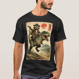 Camiseta Vintage Japanese Art Raccoon Riding T-Rex T-Shirt