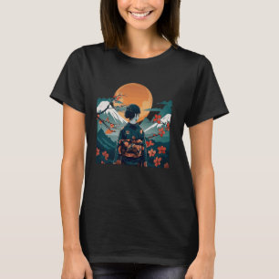 Camiseta Vintage Japonês Art sunset Mountain Floral Geisha