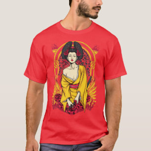 Camiseta Vintage Japonês Kawaii Geisha Anime Girl em Kimon