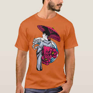 Camiseta Vintage Japonês Kawaii Geisha Anime Girl em Kimon