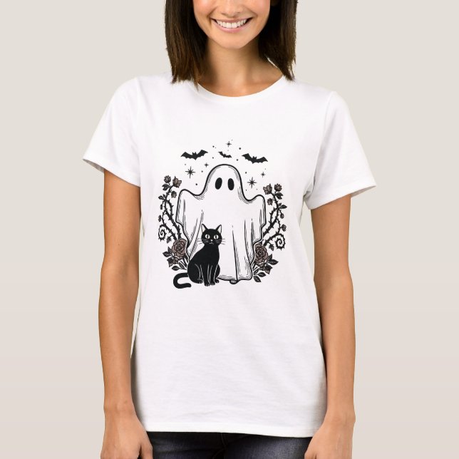 Camiseta Vintage Linocut Spooky Cat & Ghost (Frente)