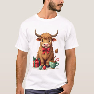 Camiseta Vintage Natal Vaca Highland com Presente de Arco e
