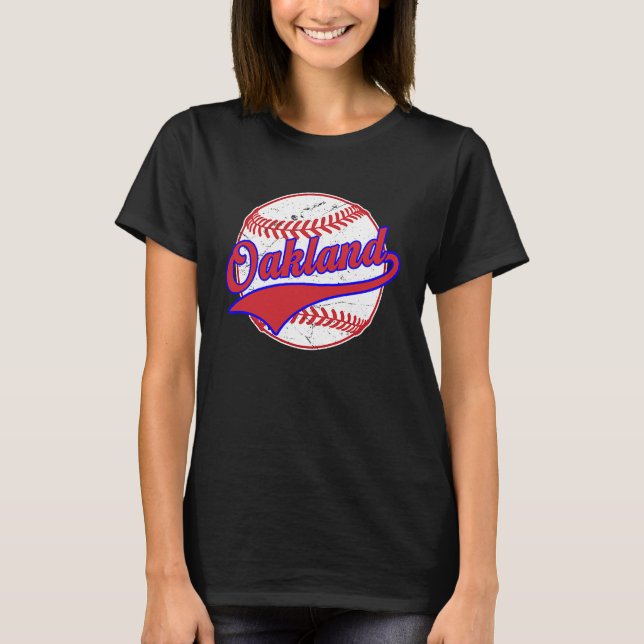 Camiseta Vintage Oakland Cityscape Baseball Para Mulheres H (Frente)