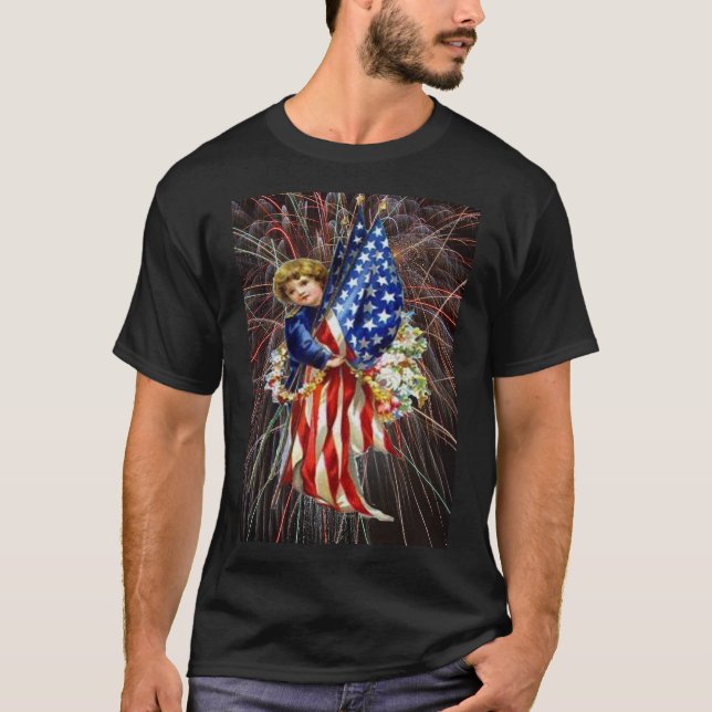 Camiseta Vintage Patriotic Child Flag Fireworks Unisex (Frente)
