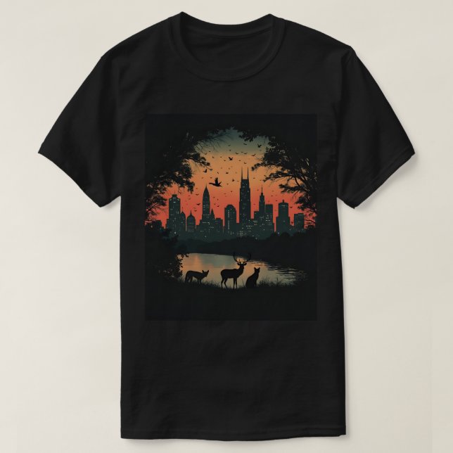 Camiseta Vintage Philadelphia Skyline com Wildlife. (Frente do Design)