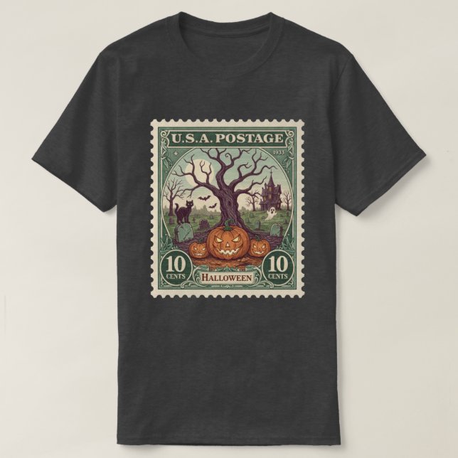 Camiseta Vintage Postage Stamp Halloween (Frente do Design)