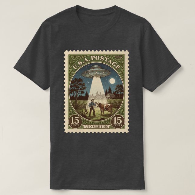 Camiseta Vintage Postage Stamp UFO (Frente do Design)