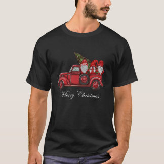 Camiseta Vintage Red Truck Com Três Gnomos Feliz Christma