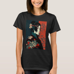 Camiseta Vintage Retro Geisha Kimono Japonês Samurai Femal