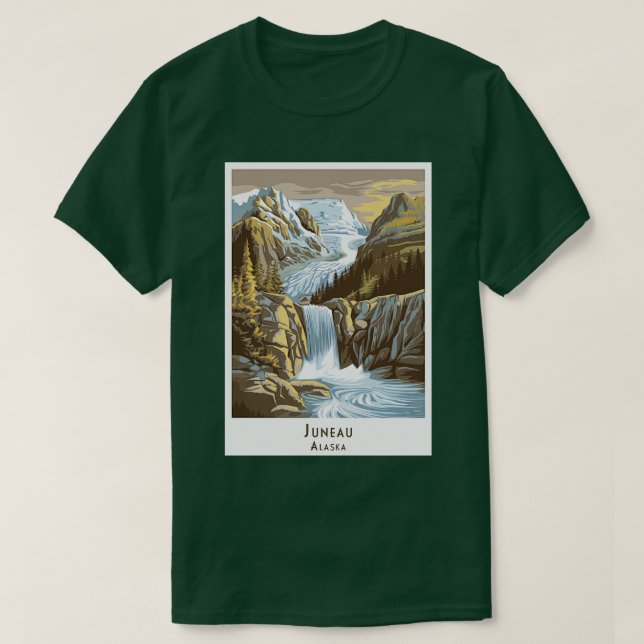 Camiseta Vintage Retro Juneau Alaska Waterfall e Glacier (Frente do Design)