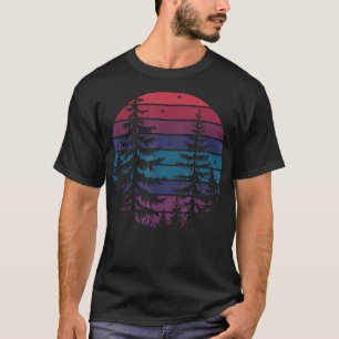 Camiseta vintage retro pôr do sol pinheiros ao ar livre