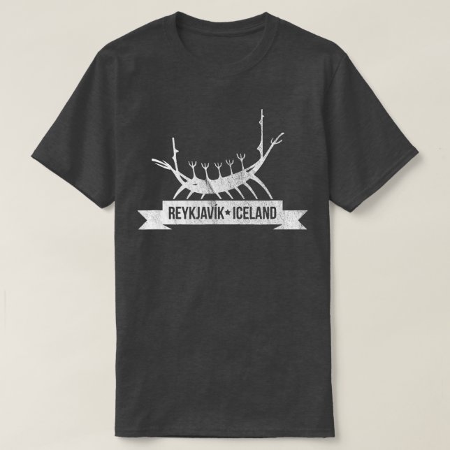 Camiseta Vintage Reykjavik Islândia com Viking Ship Art (Frente do Design)