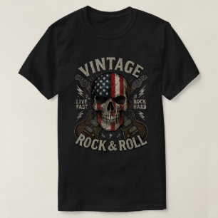 Camiseta Vintage Rock Skull USA Flag Guitar Shirt