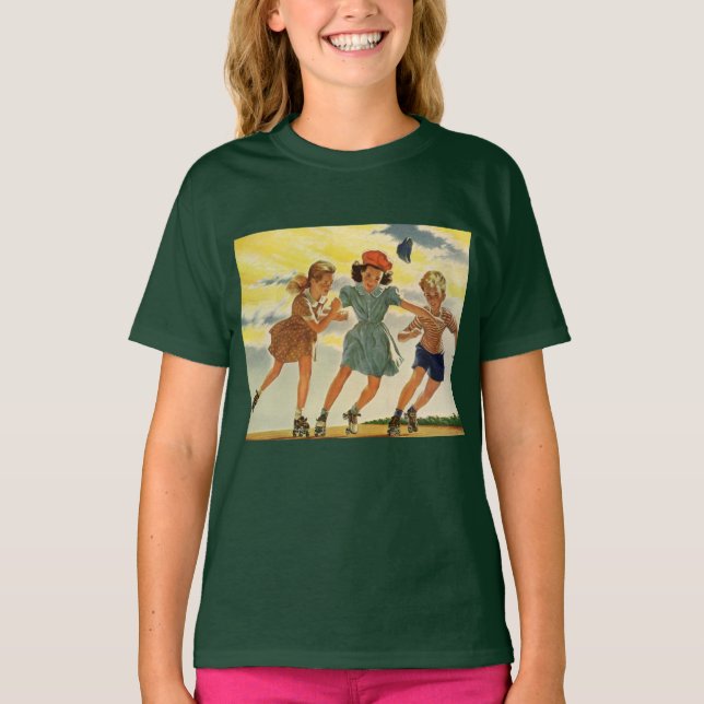 Camiseta Vintage Roller Patinando crianças divertidas Menin (Frente)