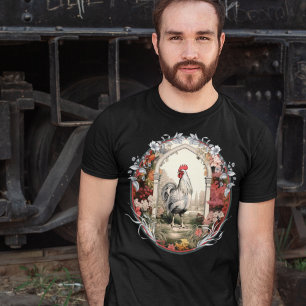 Camiseta Vintage Rooster em um Jardim Tradicional
