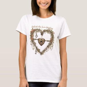 Camiseta Vintage Rustic Boho coração com fechaduras e tecla