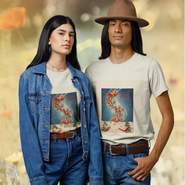 Camiseta Vintage Santa Claus Sleigh e Reindeer Voando (Criador carregado)