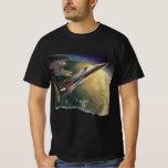 Camiseta Vintage Science Ficeship Airplane Earth<br><div class="desc">Imagem de vintage: viagem de ficção científica futurista e imagem de transporte. Uma nave espacial que se parece com um avião moderno (semelhante ao ônibus espacial) decolando da Flórida sobre o oceano Atlântico e a Terra do planeta. Voando para o céu e para a atmosfera superior. Um clássico design de...</div>