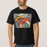 Camiseta Vintage Science Ficting Carro Voador Futurístico<br><div class="desc">Imagem de vintage: viagem de ficção científica futurista e imagem de transporte. Um casal andando em um carro voador à noite com os faróis acesos. Parece um velho carro da polícia com a luz giratória no topo do telhado. Um clássico design de ficção científica de quadrinhos retrógrados do 50 do...</div>