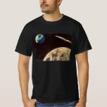Camiseta Vintage Science Fiction, Rocket Ship Over the Moon<br><div class="desc">Vintage ilustra viagem futurista e transporte Ciência Ficção imagem espacial. Um design de estilo quadrinho retrô sci fi apresentando uma nave-fogueira voando no espaço sobre a lua e voltando para a Terra do planeta no futuro.</div>