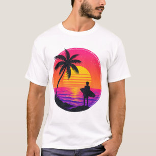 Camiseta Vintage Silhueta de Surfista Pôr do Sol R