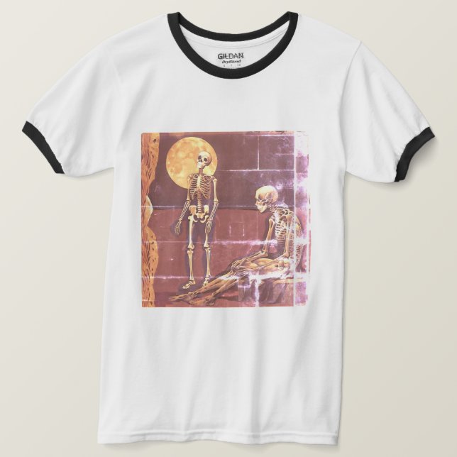 Camiseta Vintage Skeleton Moonlit Scene Ringer (Frente do Design)