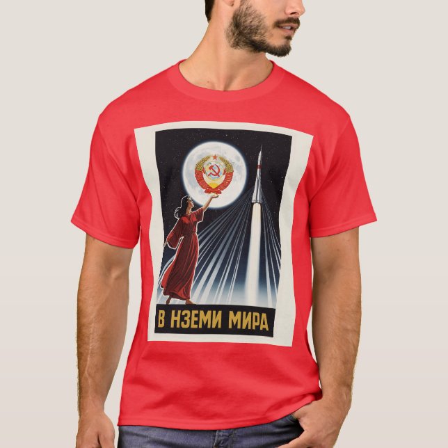Camiseta Vintage Soviet Space Poster – Woman & Rocket Under (Frente)