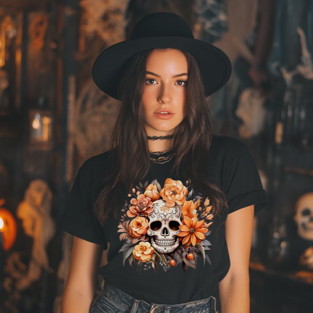 Camiseta Vintage Sugar Skull Halloween (Halloween Floral Sugar Skull)