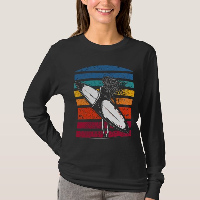 Camiseta Vintage Surfer Girl Graphic Beach Surfboard Mulher (Frente)