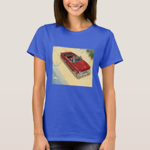 Camiseta Vintage Transportation, Red Convertible Car Beach