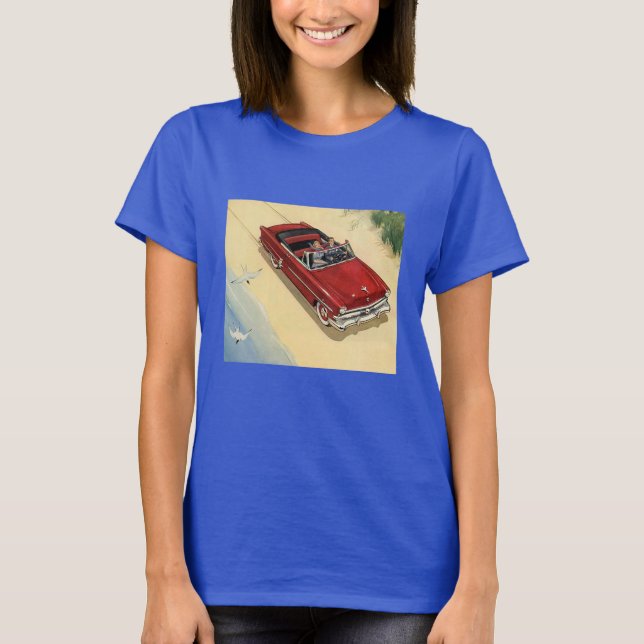 Camiseta Vintage Transportation, Red Convertible Car Beach (Frente)