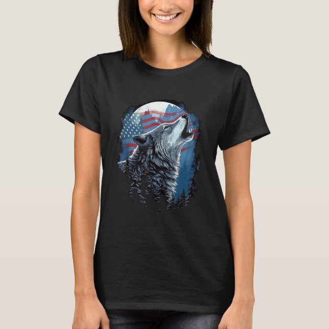 Camiseta Vintage USA Flag and Wolf Howling (Frente)