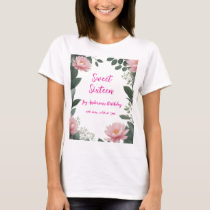 Camiseta vintage, verde-flor-rosa, eucalipto, 16.o aniversá