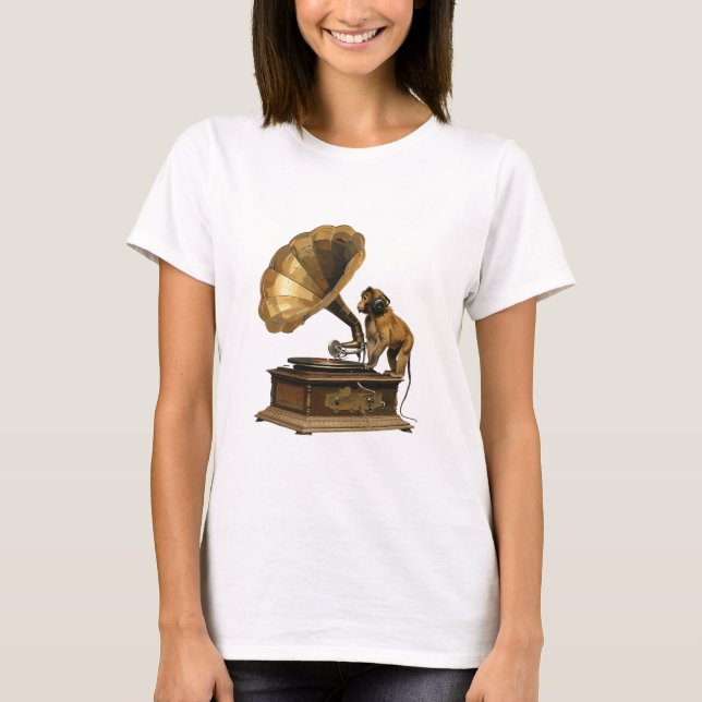 Camiseta Vintage Vibes: Macaco DJ com Gramofone (Frente)
