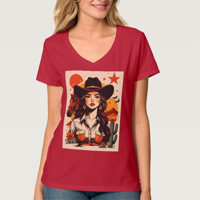 Camiseta Vintage Western Cowgirl Sunset Illustration  (Frente)