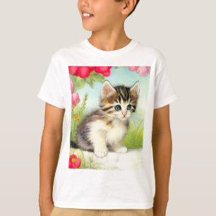 Camiseta Vintage White e Brown Kitten com Flores
