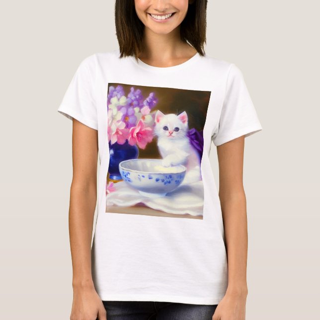 Camiseta Vintage White Kitten com Fita Roxa (Frente)