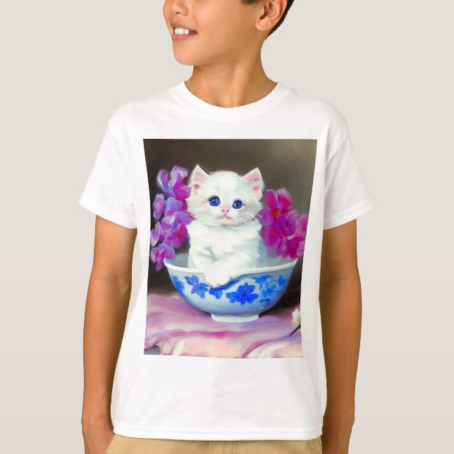 Camiseta Vintage White Kitten com Flores Rosa (Frente)