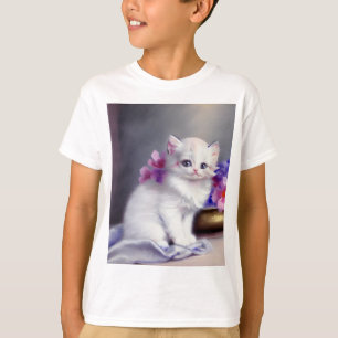 Camiseta Vintage White Kitten com Flores Rosa e Púrpura