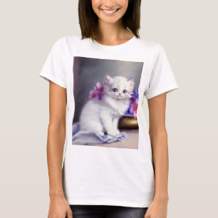 Camiseta Vintage White Kitten com Flores Rosa e Púrpura